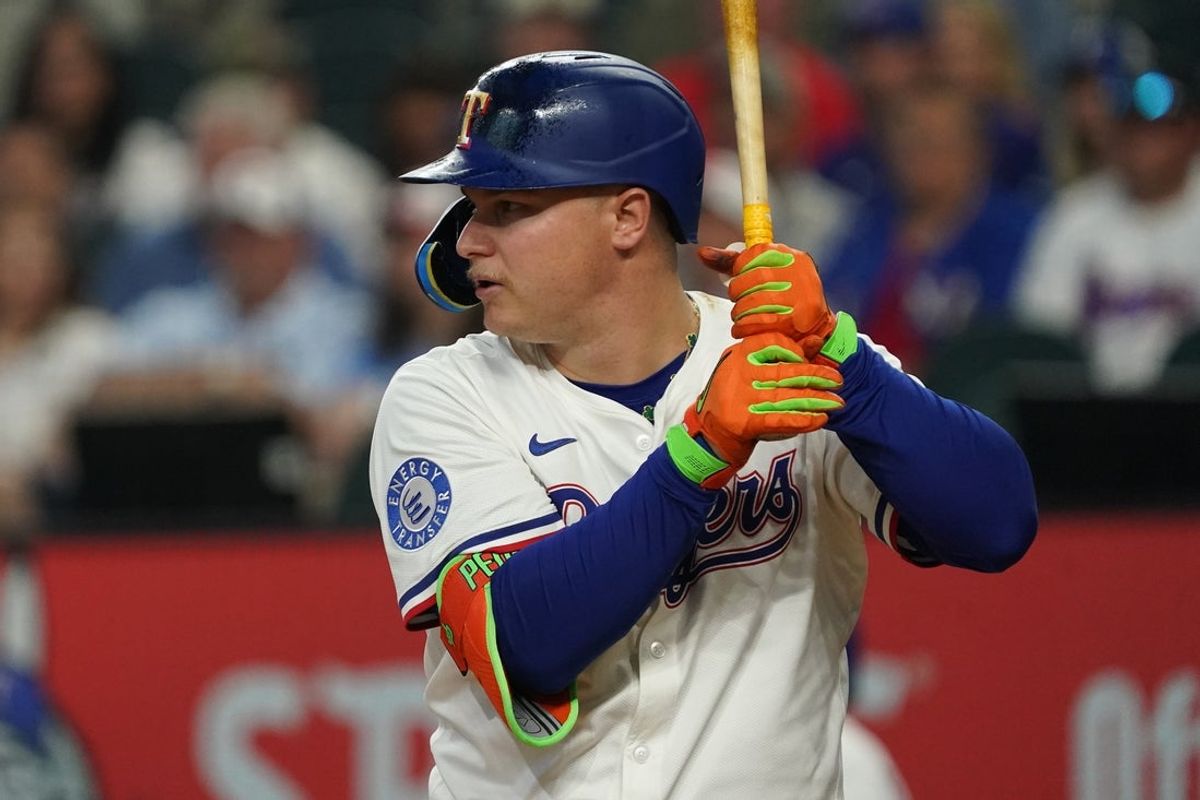 May 17, 2025; Arlington, Texas, USA; Texas Rangers first baseman Joc Pederson (4) bats during the second inning against the Houston Astros at Globe Life Field. Mandatory Credit: Raymond Carlin III-Imagn Images