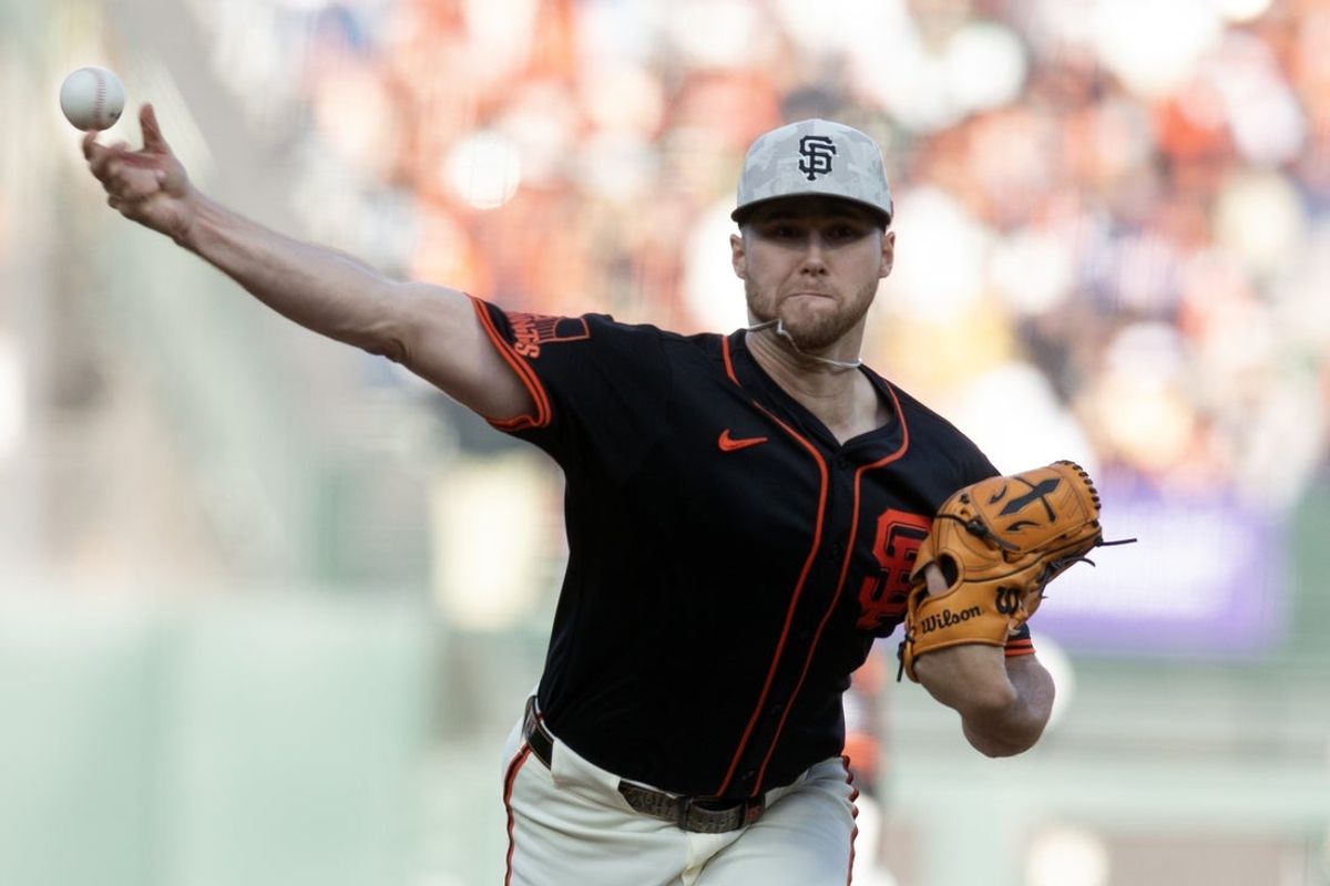 May 17, 2025; San Francisco, California, USA; San Francisco Giants starting pitcher Landen Roupp (65) delivers a pitch against the Athletics during the first inning at Oracle Park. Mandatory Credit: D. Ross Cameron-Imagn Images