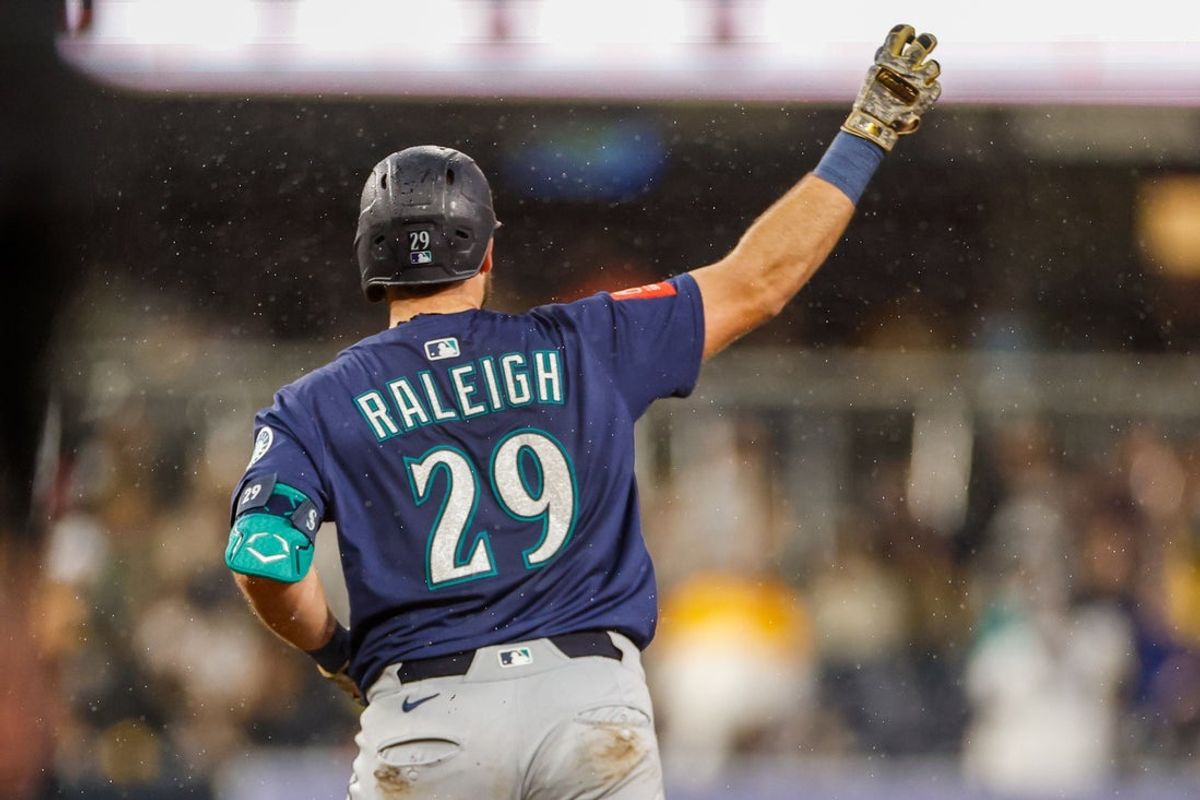 May 17, 2025; San Diego, California, USA; Seattle Mariners catcher Cal Raleigh (29) celebrates after hitting a one run home run during the seventh inning against the San Diego Padres at Petco Park. Mandatory Credit: David Frerker-Imagn Images