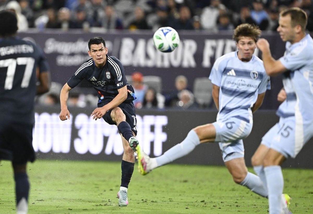 May 17, 2025; San Diego, California, USA; San Diego FC midfielder Hirving Lozano (11) fires a shot on goal during the first half against Sporting Kansas City at Snapdragon Stadium. Mandatory Credit: Denis Poroy-Imagn Images
