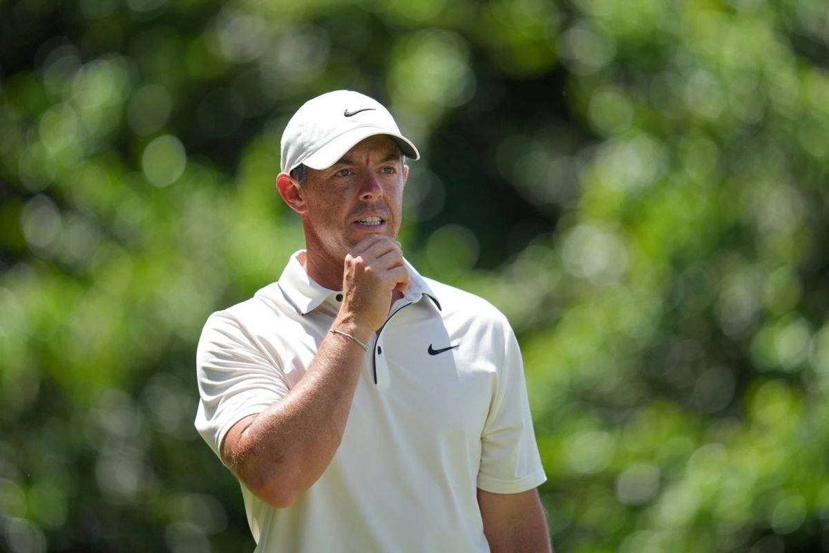 May 18, 2025; Charlotte, North Carolina, USA; Rory McIlroy lines up his tee shot on the 14th tee during the final round of the PGA Championship golf tournament at Quail Hollow. Mandatory Credit: Aaron Doster-Imagn Images