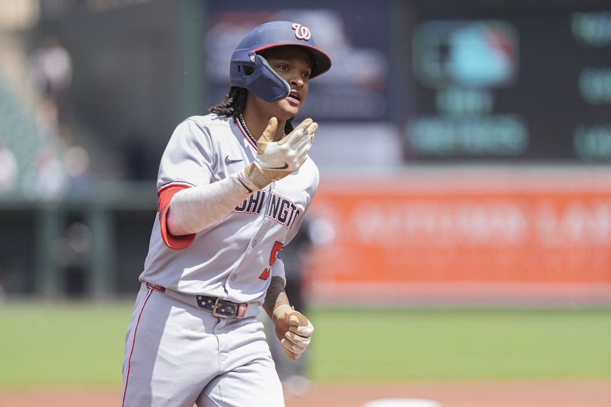 May 18, 2025; Baltimore, Maryland, USA; Washington Nationals shortstop CJ Abrams (5) reacts as he rounds the bases after hitting a home run against the Baltimore Orioles during the first inning at Oriole Park at Camden Yards. Mandatory Credit: Gregory Fisher-Imagn Images