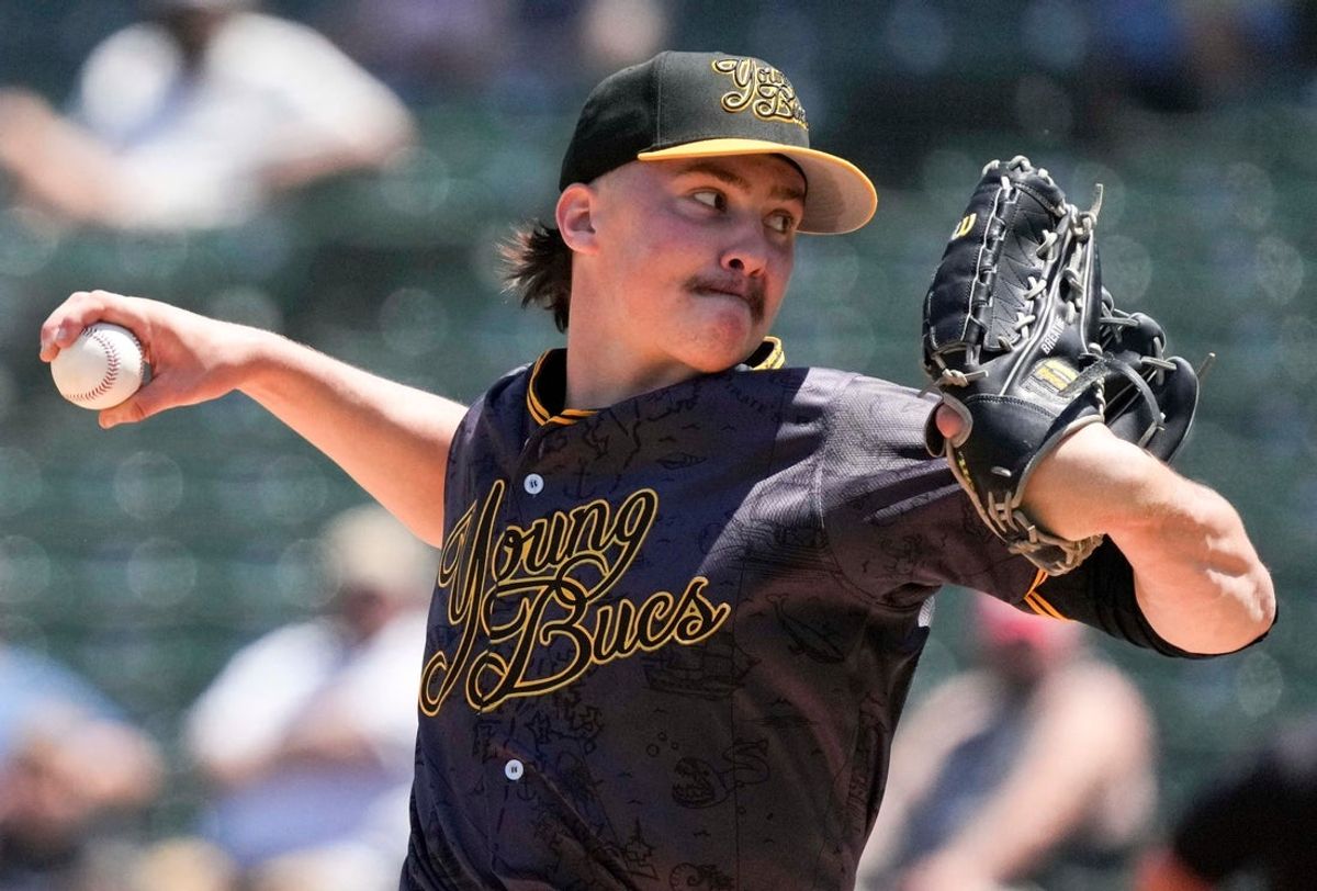 Indianapolis Indians starting pitcher Bubba Chandler (53) throws to Louisville Bats outfielder Blake Dunn (32) during the third inning of a game Sunday, May 18, 2025, at Victory Field in Indianapolis.
