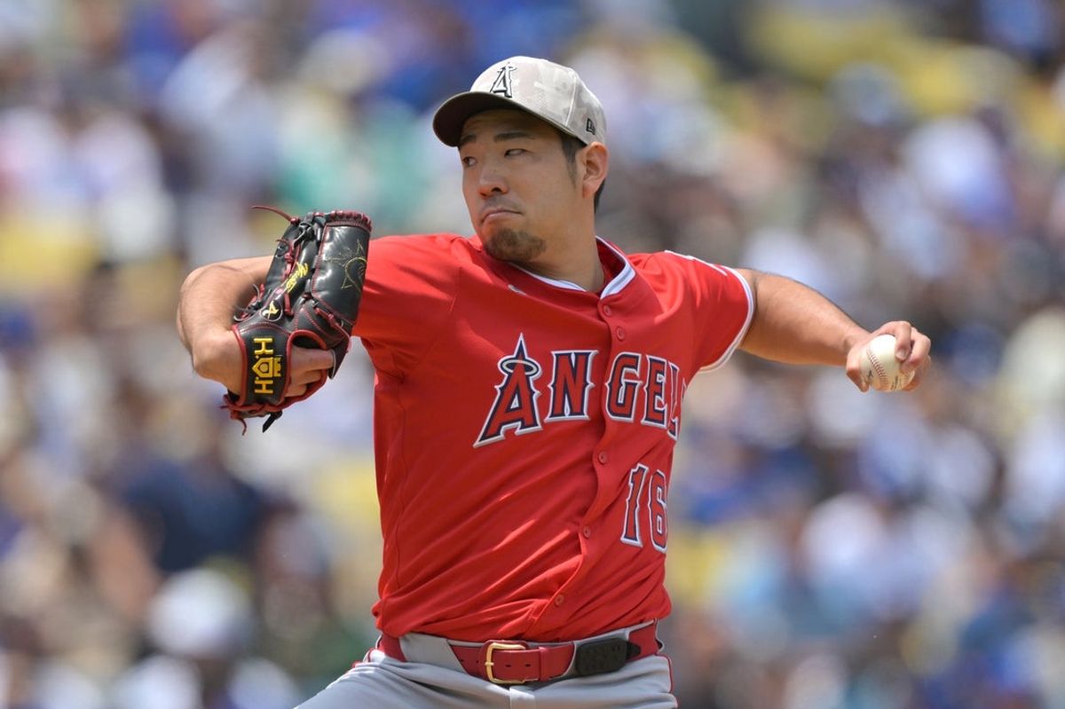 May 18, 2025; Los Angeles, California, USA; Los Angeles Angels pitcher Yusei Kikuchi (16) pitches in the first inning against the Los Angeles Dodgers at Dodger Stadium. Mandatory Credit: Jayne Kamin-Oncea-Imagn Images