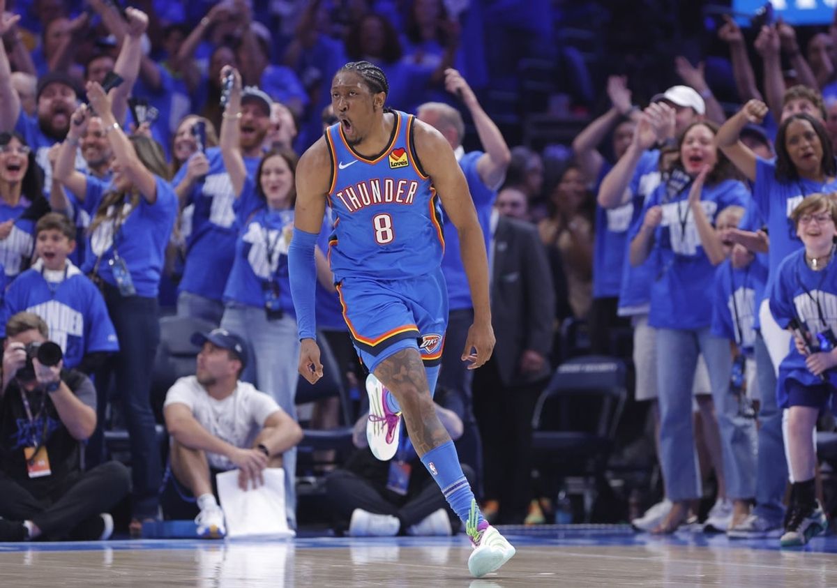 May 18, 2025; Oklahoma City, Oklahoma, USA; Oklahoma City Thunder forward Jalen Williams (8) celebrates after scoring against the Denver Nuggets in the second quarter during game seven of the second round for the 2025 NBA Playoffs at Paycom Center. Mandatory Credit: Alonzo Adams-Imagn Images