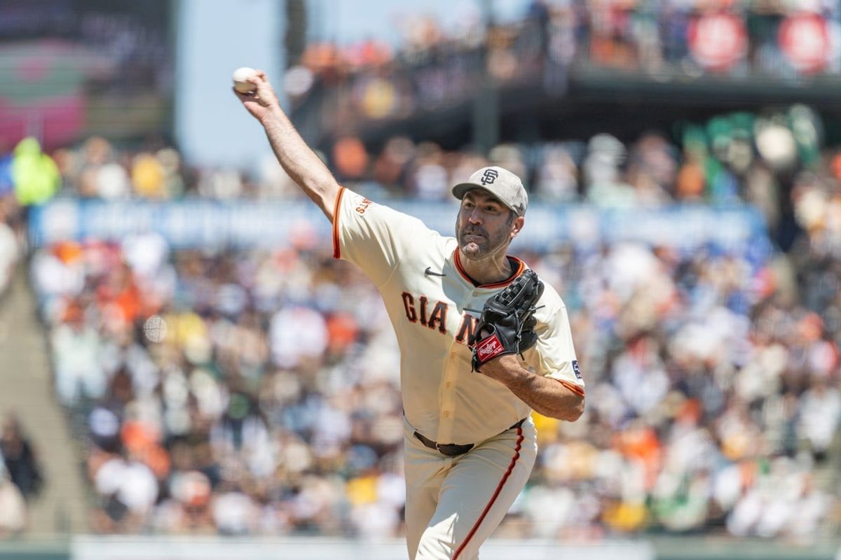 May 18, 2025; San Francisco, California, USA; San Francisco Giants pitcher Justin Verlander (35) throws a pitch during the fourth inning against the Oakland Athletics at Oracle Park. Mandatory Credit: Bob Kupbens-Imagn Images