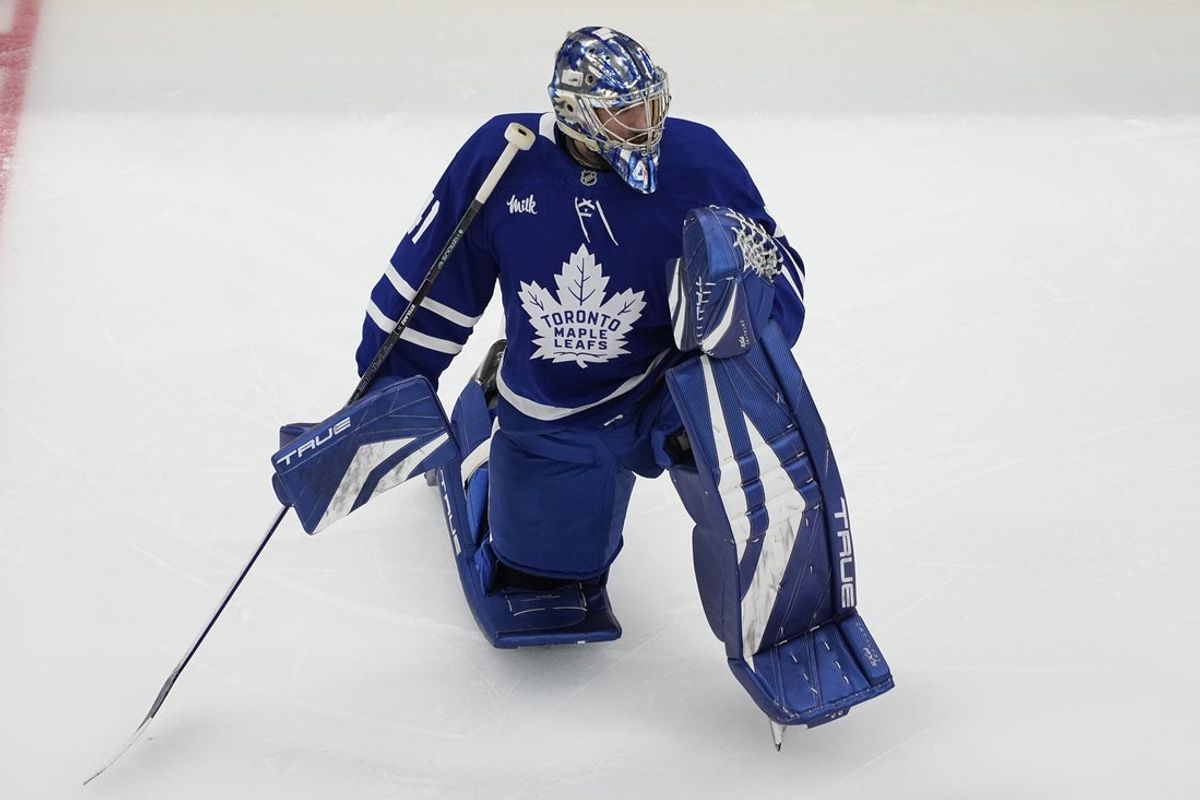 May 18, 2025; Toronto, Ontario, CAN; Toronto Maple Leafs goaltender Anthony Stolarz (41) during warm up before game seven of the second round of the 2025 Stanley Cup Playoffs against the Florida Panthers at Scotiabank Arena. Mandatory Credit: John E. Sokolowski-Imagn Images