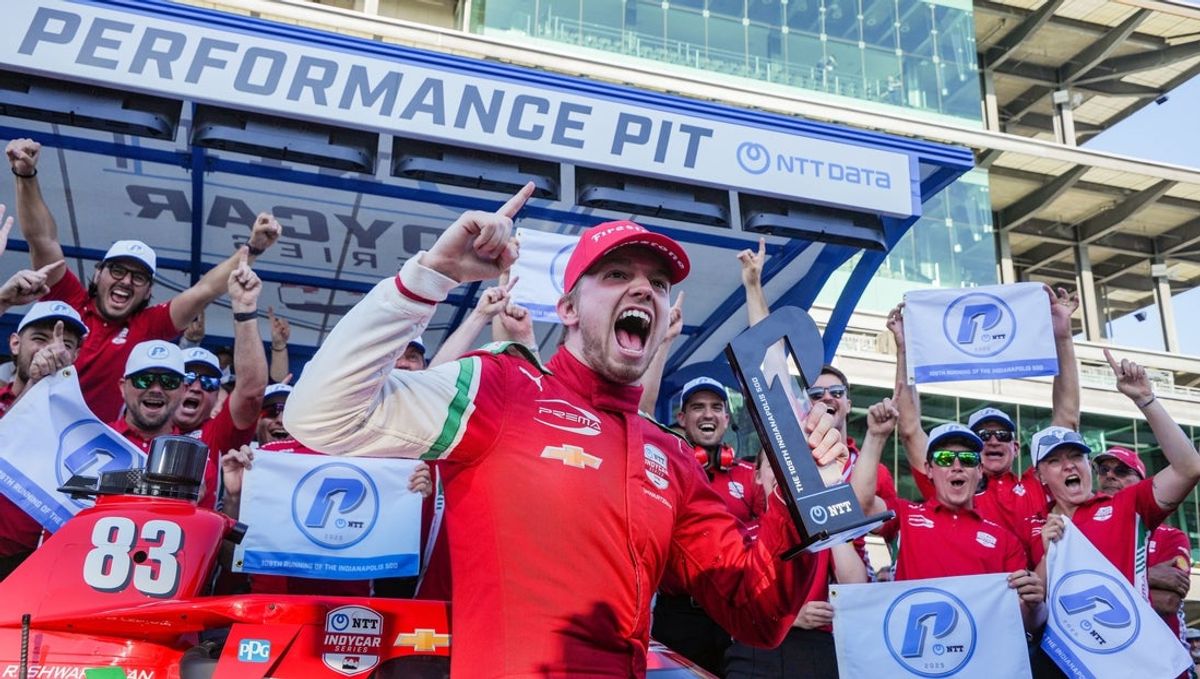 PREMA Racing driver Robert Shwartzman celebrates winning the pole for the Indy 500 during Fast Six qualifying at Indianapolis Motor Speedway on May 18, 2025.