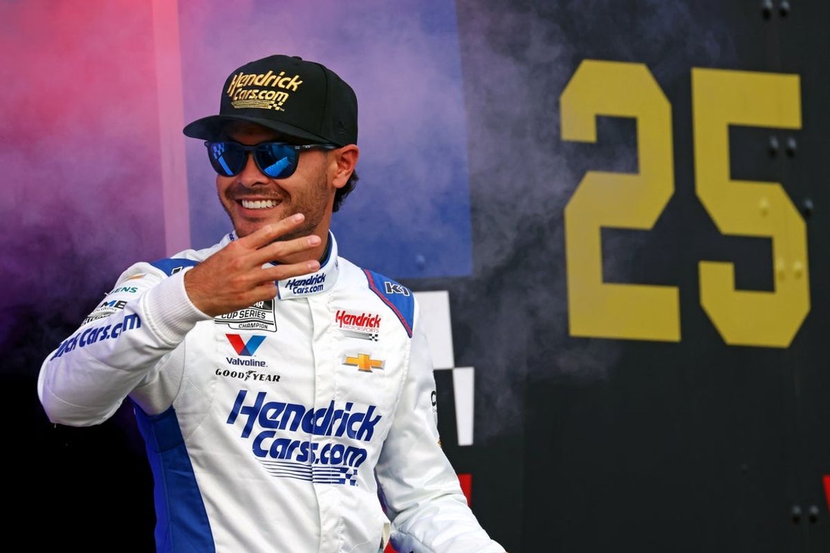 May 18, 2025; North Wilkesboro, North Carolina, USA; NASCAR Cup Series driver Kyle Larson (5) is introduced before the NASCAR All-Star Open at North Wilkesboro Speedway. Mandatory Credit: Peter Casey-Imagn Images