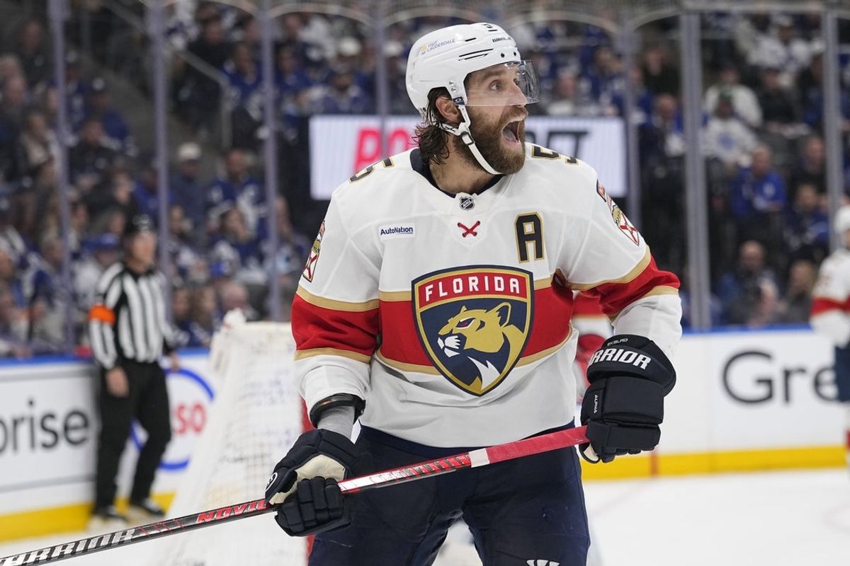 May 18, 2025; Toronto, Ontario, CAN; Florida Panthers defenseman Aaron Ekblad (5) calls out to teammates during the third period of game seven of the second round of the 2025 Stanley Cup Playoffs against the Toronto Maple Leafs at Scotiabank Arena. Mandatory Credit: John E. Sokolowski-Imagn Images