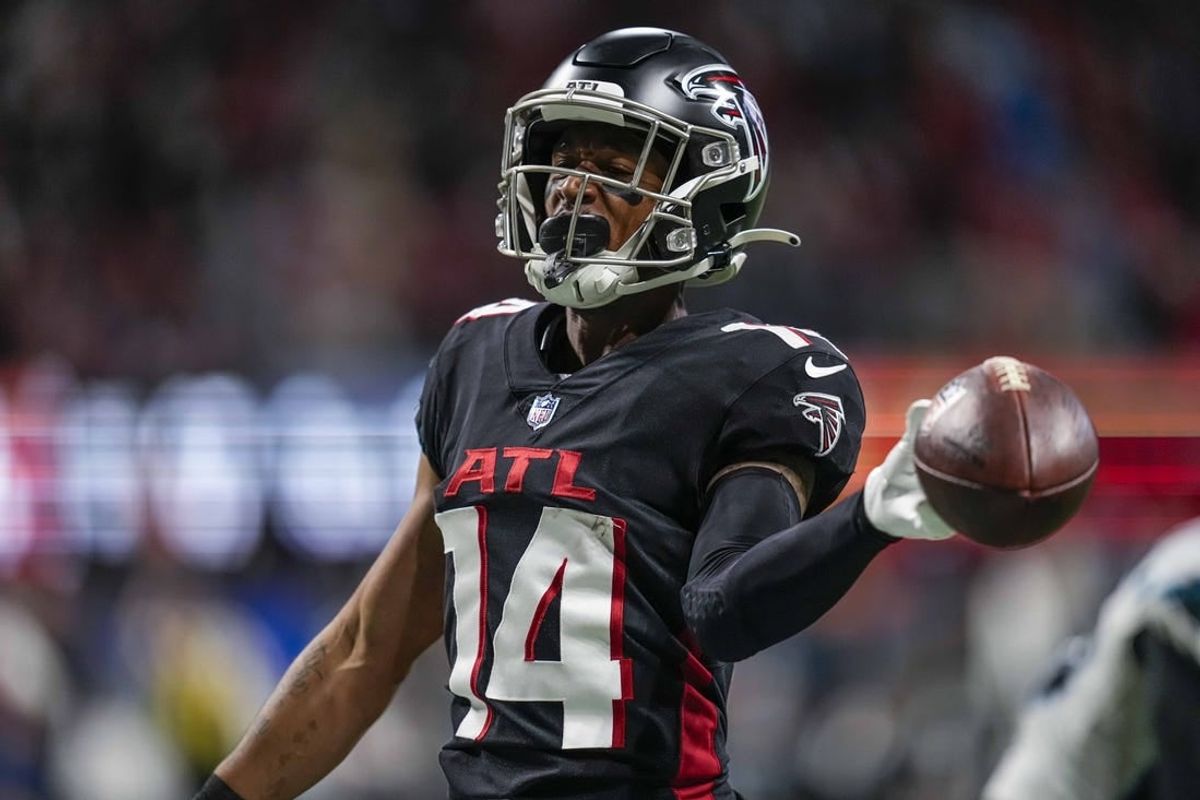 Oct 30, 2022; Atlanta, Georgia, USA; Atlanta Falcons wide receiver Damiere Byrd (14) reacts after scoring a touchdown after catching a pass against the Carolina Panthers during the second half at Mercedes-Benz Stadium.