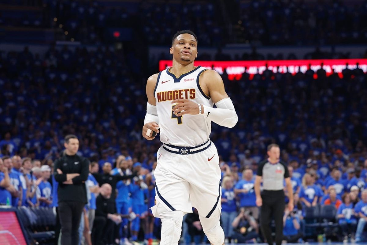 May 18, 2025; Oklahoma City, Oklahoma, USA; Denver Nuggets guard Russell Westbrook (4) runs down the court against the Oklahoma City Thunder in the second quarter during game seven of the second round for the 2025 NBA Playoffs at Paycom Center. Mandatory Credit: Alonzo Adams-Imagn Images