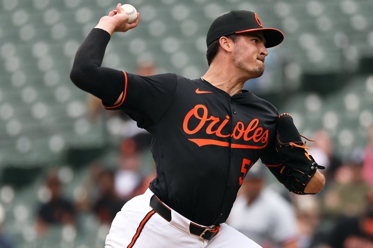 May 14, 2025; Baltimore, Maryland, USA; Baltimore Orioles pitcher Chayce McDermott (59) throws during the first inning against the Minnesota Twins at Oriole Park at Camden Yards. Mandatory Credit: Daniel Kucin Jr.-Imagn Images
