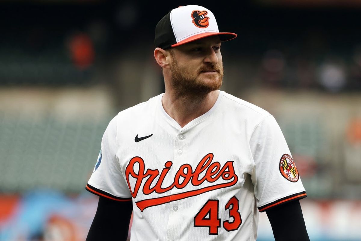 May 14, 2025; Baltimore, Maryland, USA; Baltimore Orioles pitcher Bryan Baker (43) looks on during the seventh inning against the Minnesota Twins at Oriole Park at Camden Yards. Mandatory Credit: Daniel Kucin Jr.-Imagn Images