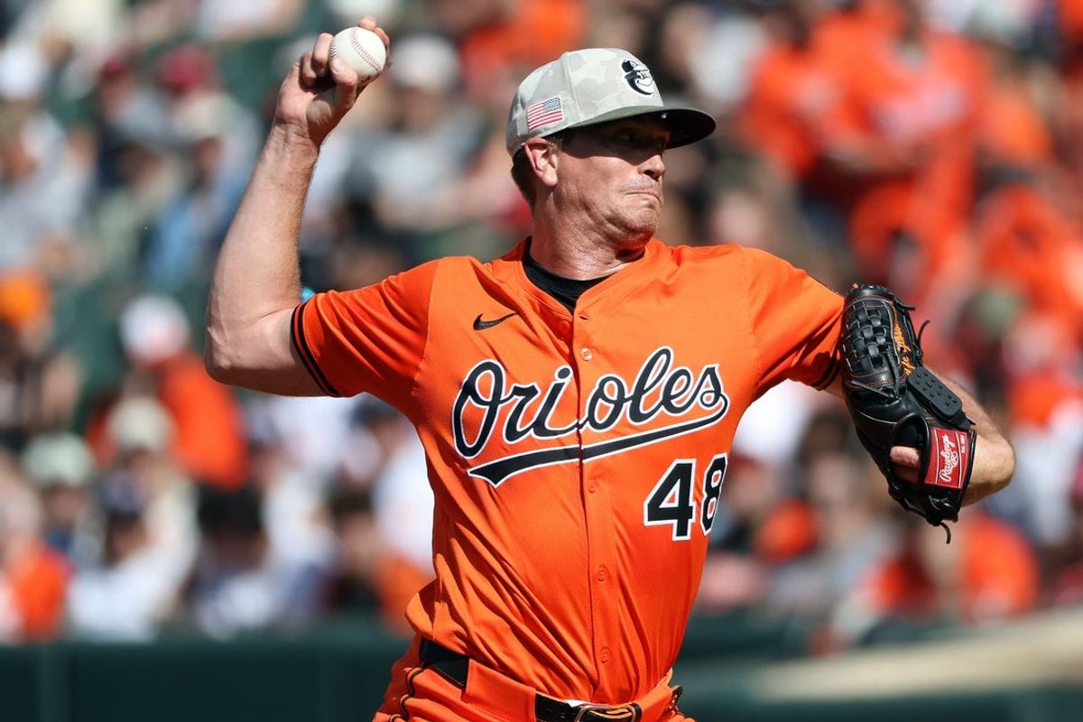 May 17, 2025; Baltimore, Maryland, USA; Baltimore Orioles pitcher Kyle Gibson (48) throws during the first inning against the Washington Nationals at Oriole Park at Camden Yards. Mandatory Credit: Daniel Kucin Jr.-Imagn Images