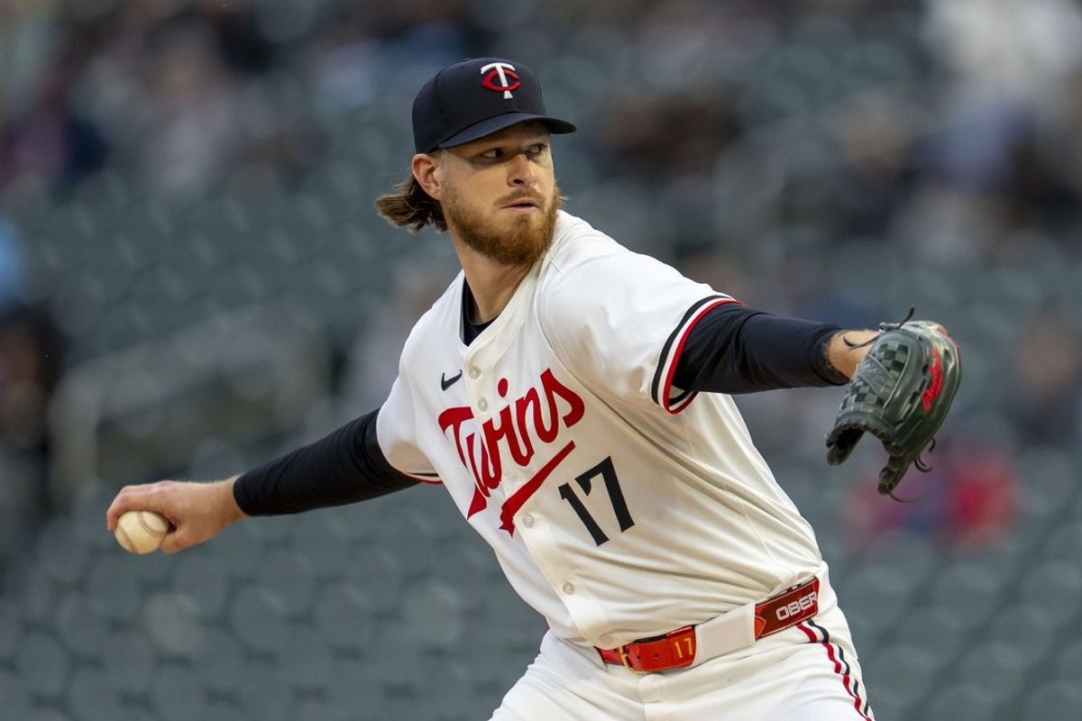 May 19, 2025; Minneapolis, Minnesota, USA; Minnesota Twins starting pitcher Bailey Ober (17) delivers a pitch against the Cleveland Guardians in the first inning  at Target Field. Mandatory Credit: Jesse Johnson-Imagn Images