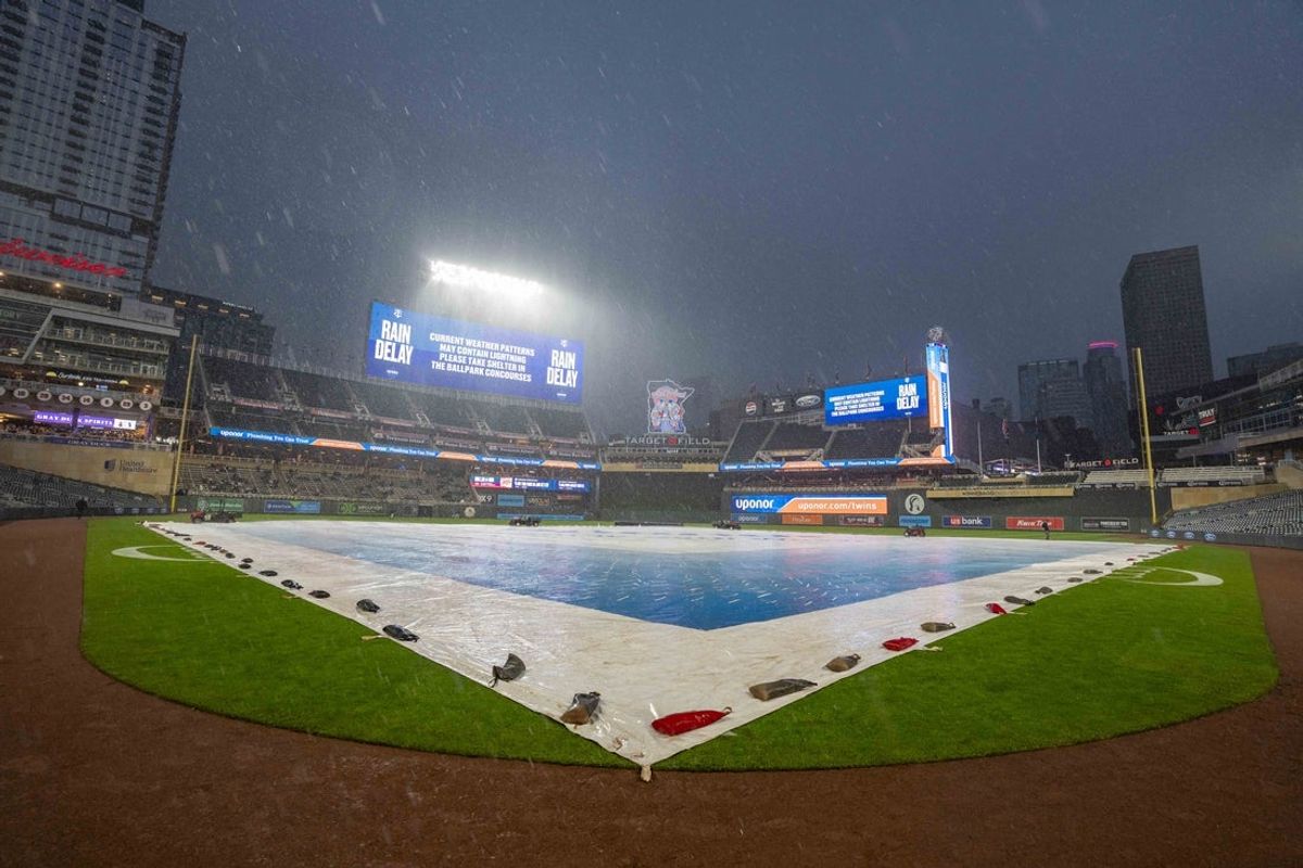 May 19, 2025; Minneapolis, Minnesota, USA; A general view of Target Field during a rain delay in the second inning in game between the Cleveland Guardians and Minnesota Twins at Target Field. Mandatory Credit: Jesse Johnson-Imagn Images