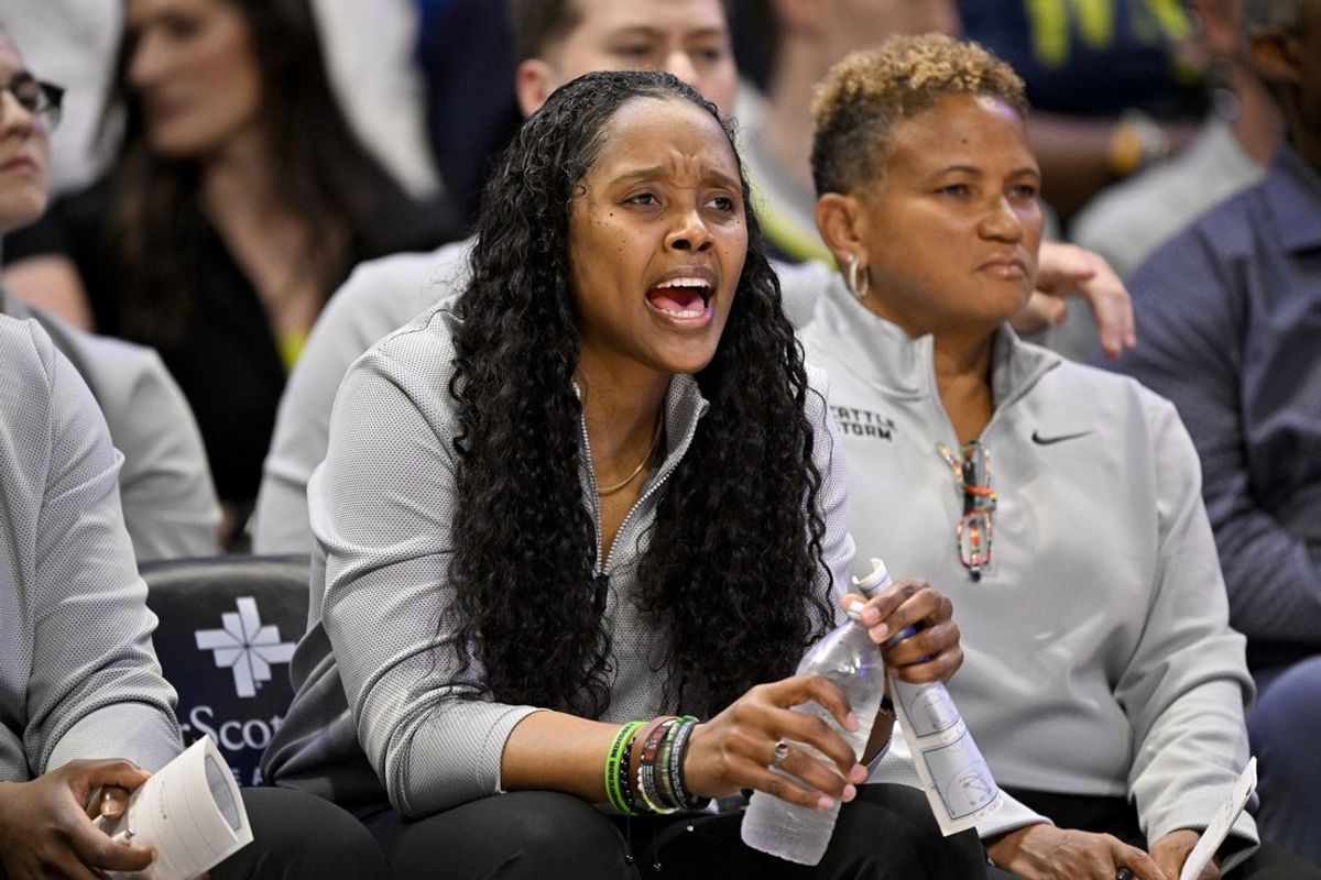 May 19, 2025; Arlington, Texas, USA;  Seattle Storm head coach Noelle Quinn looks on from the team bench during the first half against the Dallas Wings at College Park Center. Mandatory Credit: Jerome Miron-Imagn Images