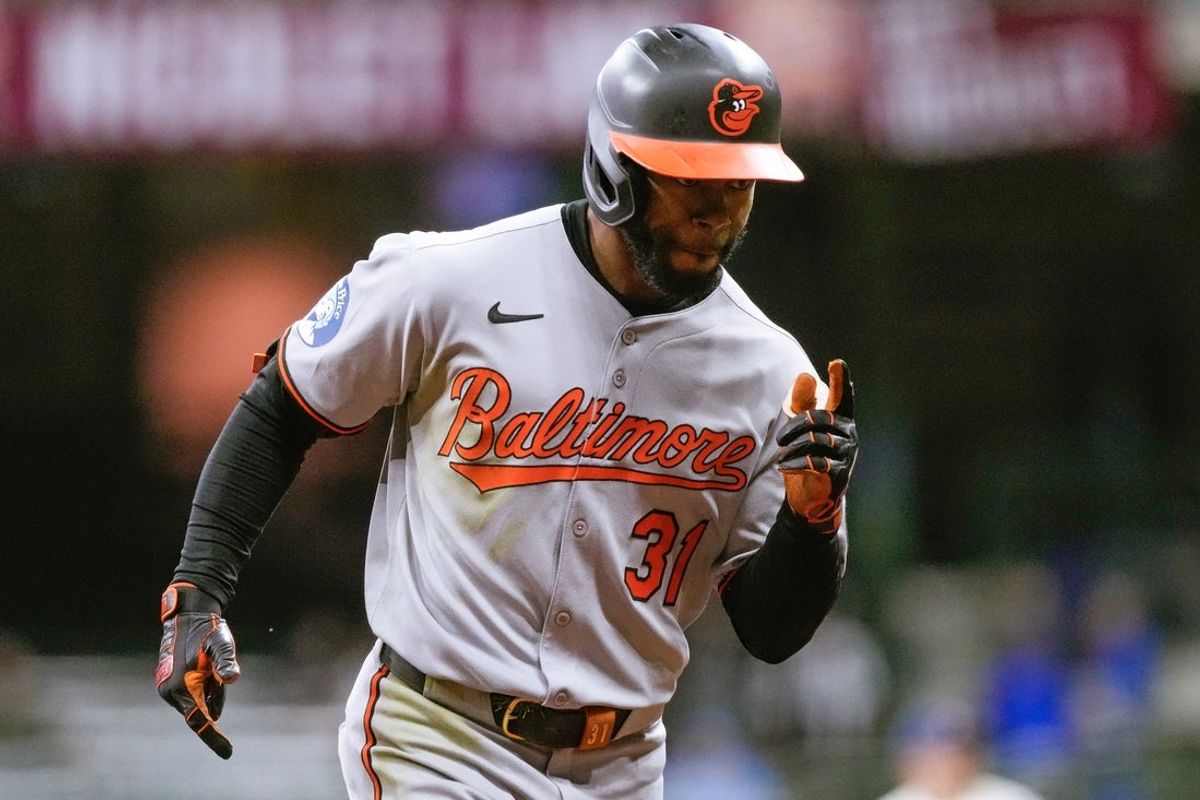 May 19, 2025; Milwaukee, Wisconsin, USA;  Baltimore Orioles center fielder Cedric Mullins (31) celebrates while rousing the bases after hitting a home run during the seventh inning against the Milwaukee Brewers at American Family Field. Mandatory Credit: Jeff Hanisch-Imagn Images