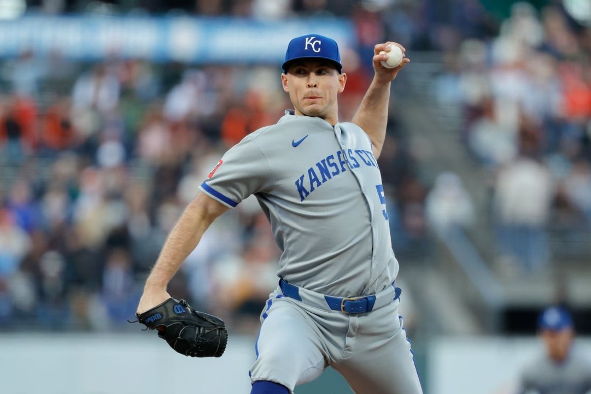 May 19, 2025; San Francisco, California, USA; Kansas City Royals pitcher Kris Bubic (50) throws a pitch during the first inning against the San Francisco Giants at Oracle Park. Mandatory Credit: Sergio Estrada-Imagn Images
