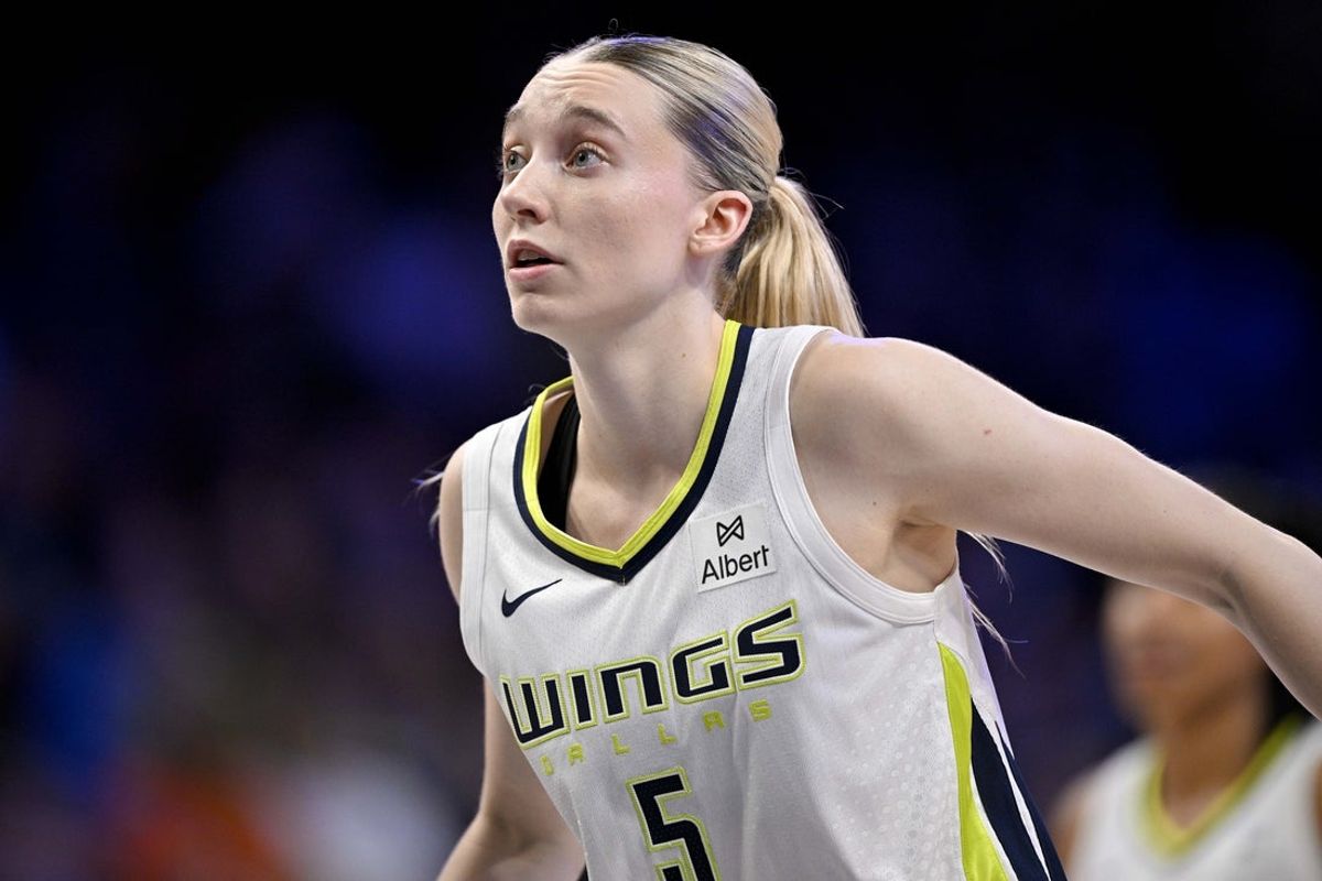 May 19, 2025; Arlington, Texas, USA;  Dallas Wings guard Paige Bueckers (5) looks on during the second half against the Seattle Storm at College Park Center. Mandatory Credit: Jerome Miron-Imagn Images