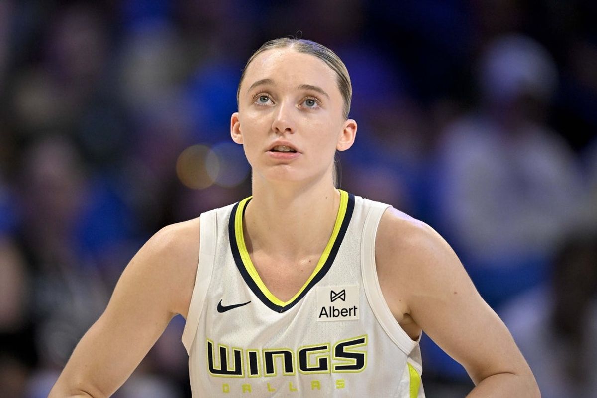 May 19, 2025; Arlington, Texas, USA;  Dallas Wings guard Paige Bueckers (5) looks on during the second half against the Seattle Storm at College Park Center. Mandatory Credit: Jerome Miron-Imagn Images