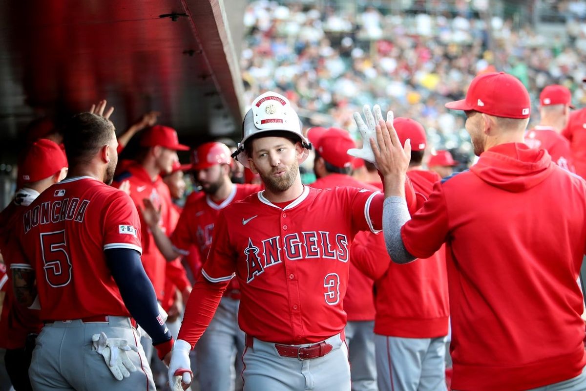 May 19, 2025; West Sacramento, California, USA; Los Angeles Angels left fielder Taylor Ward (3) celebrates with teammates after hitting a two run home run against the Athletics during the third inning at Sutter Health Park. Mandatory Credit: Dennis Lee-Imagn Images