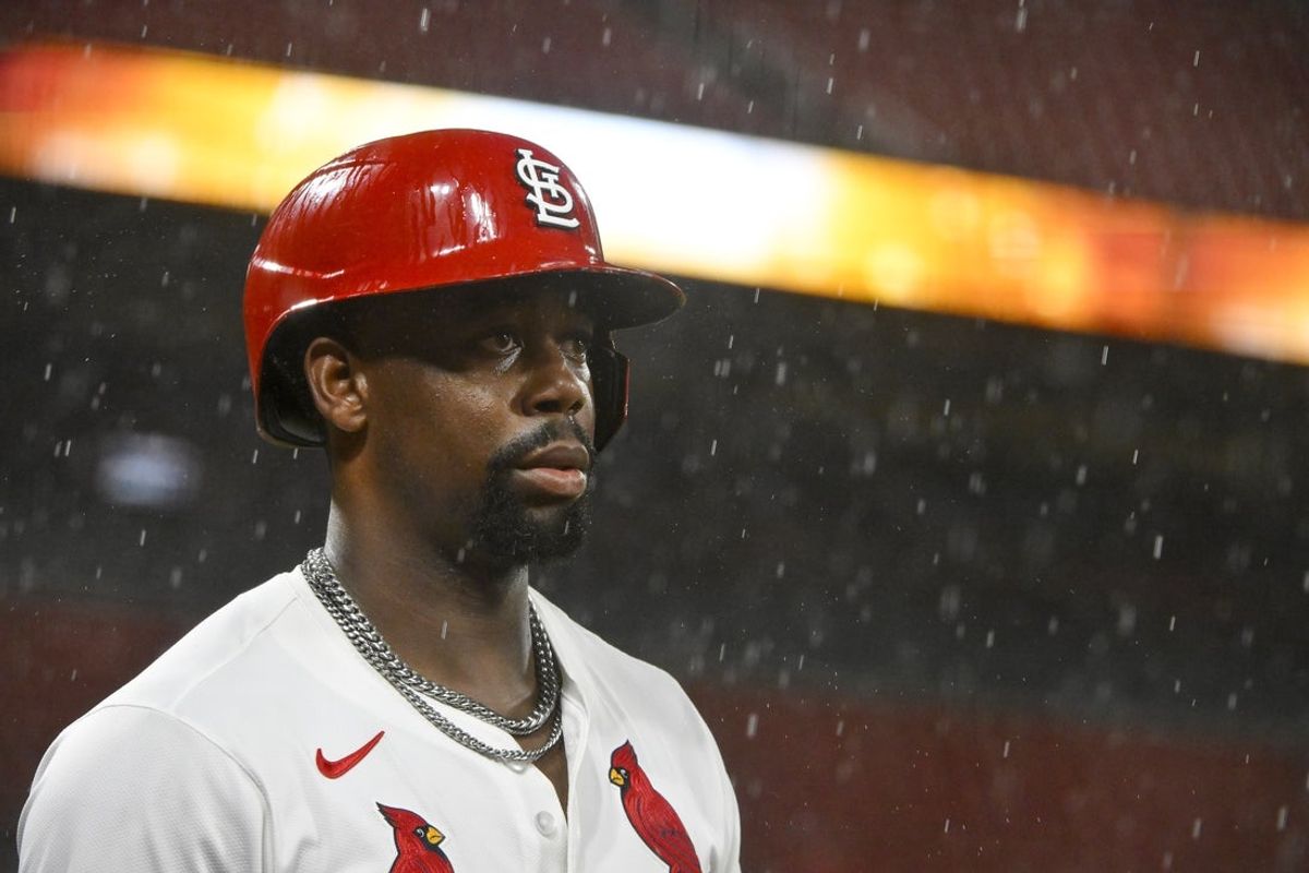 May 19, 2025; St. Louis, Missouri, USA;  St. Louis Cardinals right fielder Jordan Walker (18) looks on from the on deck circle as rain falls during the eighth inning against the Detroit Tigers at Busch Stadium. Mandatory Credit: Jeff Curry-Imagn Images