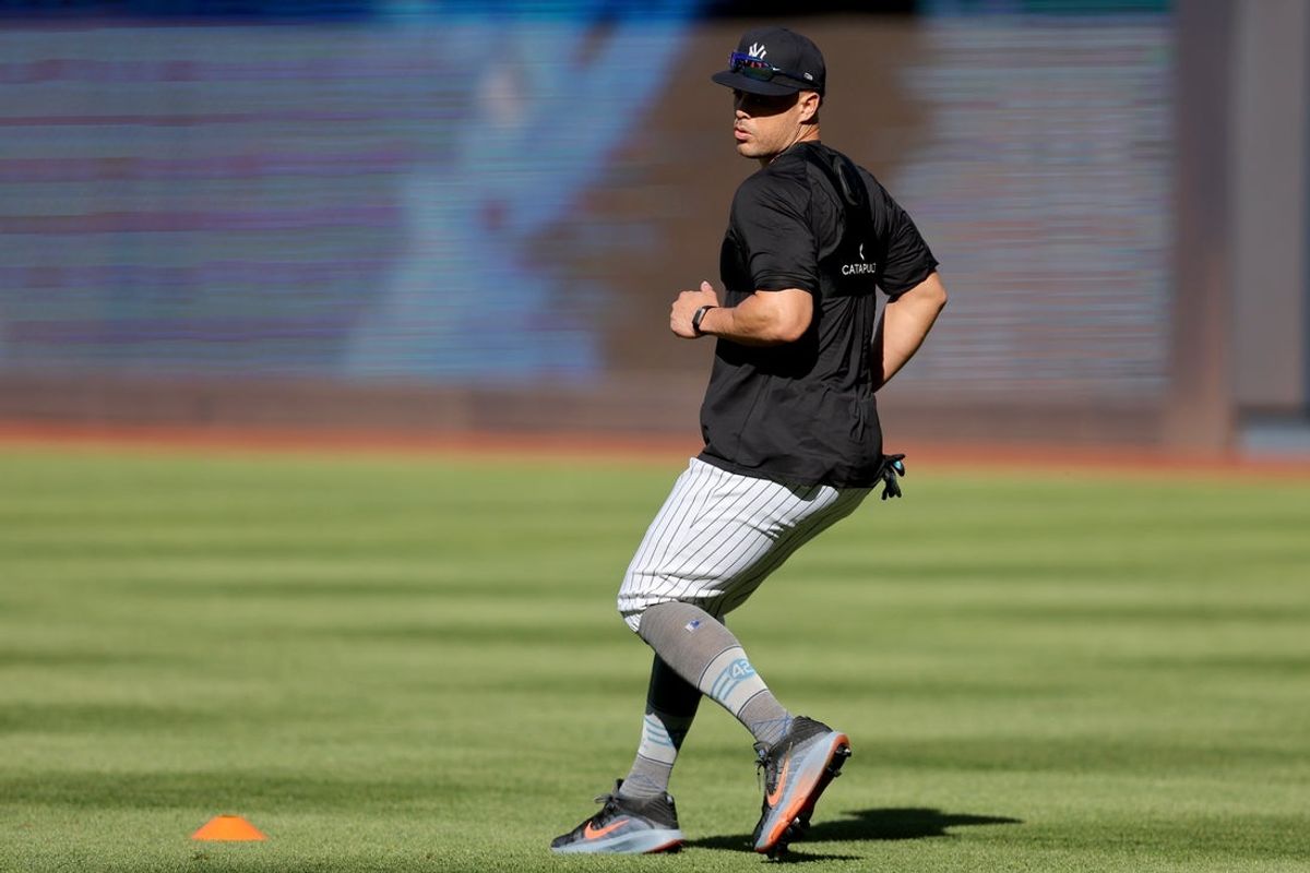 May 20, 2025; Bronx, New York, USA; New York Yankees injured designated hitter Giancarlo Stanton works out before a game against the Texas Rangers at Yankee Stadium. Mandatory Credit: Brad Penner-Imagn Images
