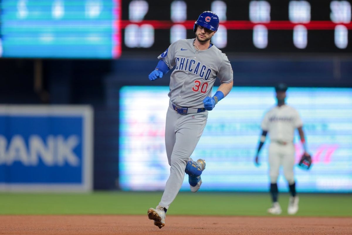 May 20, 2025; Miami, Florida, USA; Chicago Cubs right fielder Kyle Tucker (30) circles the bases after hitting a solo home run against the Miami Marlins during the first inning at loanDepot Park. Mandatory Credit: Sam Navarro-Imagn Images