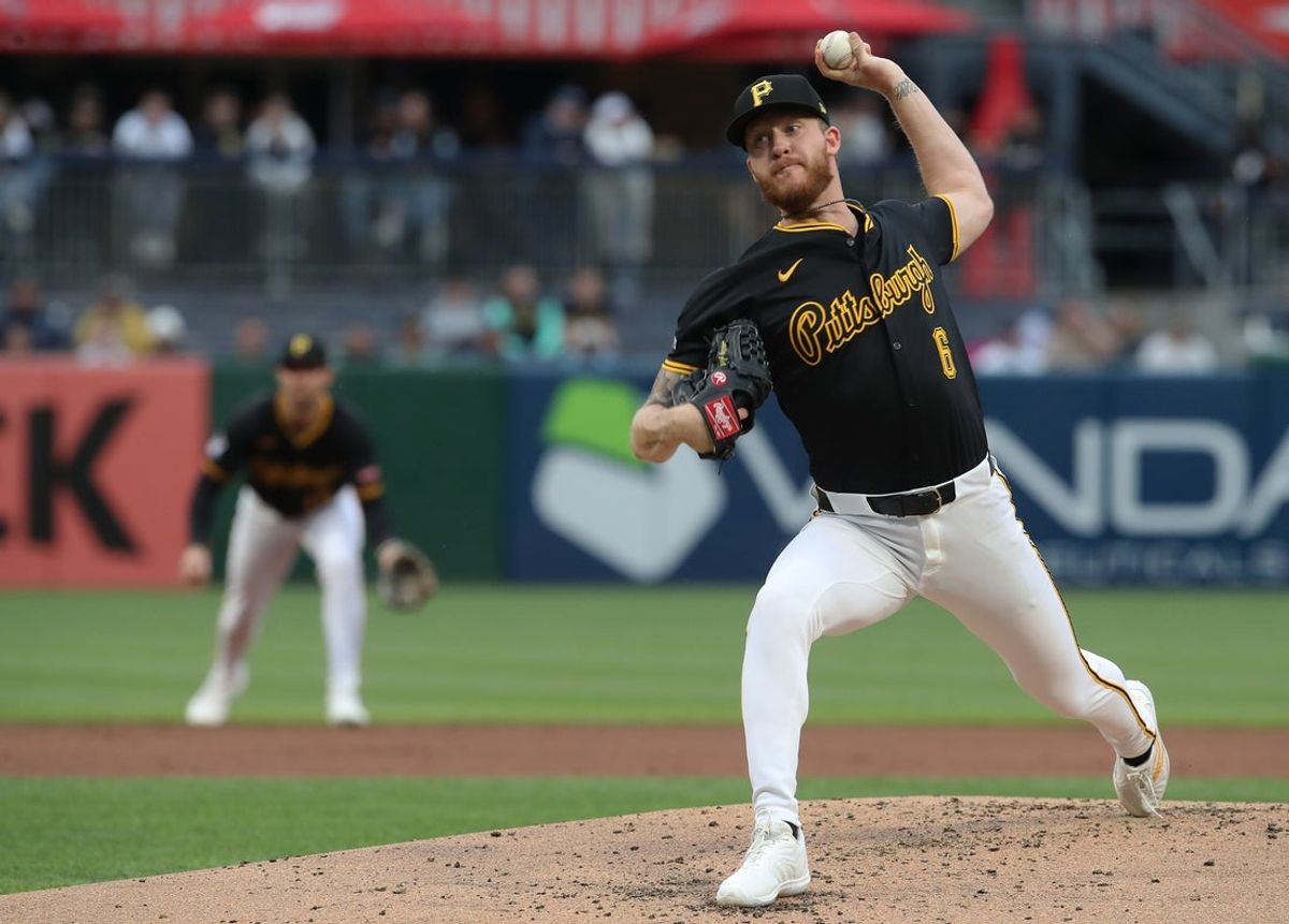 May 20, 2025; Pittsburgh, Pennsylvania, USA; Pittsburgh Pirates starting pitcher Bailey Falter (6) pitches against the Cincinnati Reds during the second inning at PNC Park. Mandatory Credit: Charles LeClaire-Imagn Images