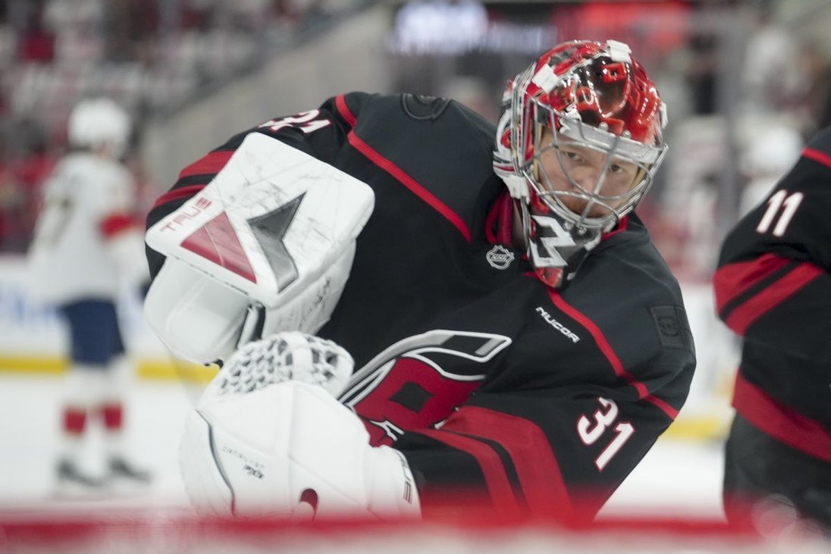 May 20, 2025; Raleigh, North Carolina, USA; Carolina Hurricanes goaltender Frederik Andersen (31) warms up priorto the during the first period against the Florida Panthers in game one of the Eastern Conference Final of the 2025 Stanley Cup Playoffs at Lenovo Center. Mandatory Credit: James Guillory-Imagn Images