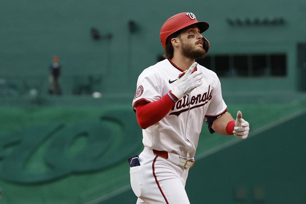 May 20, 2025; Washington, District of Columbia, USA; Washington Nationals outfielder Dylan Crews (3) gestures while rounding the bases after hitting a solo home run against the Atlanta Braves during the second inning at Nationals Park. Mandatory Credit: Geoff Burke-Imagn Images