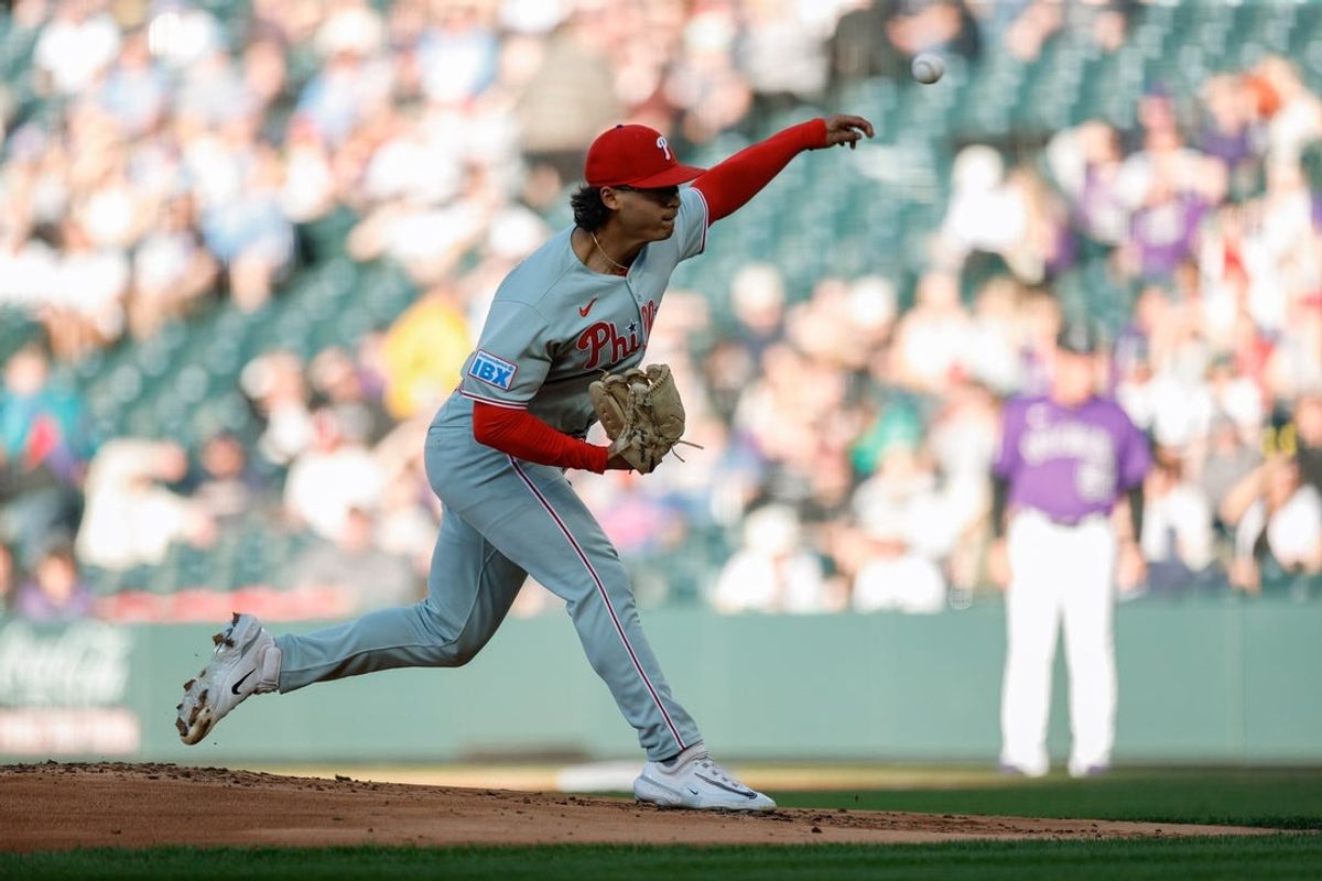 May 20, 2025; Denver, Colorado, USA; Philadelphia Phillies starting pitcher Jesus Luzardo (44) pitches in the first inning against the Colorado Rockies at Coors Field. Mandatory Credit: Isaiah J. Downing-Imagn Images