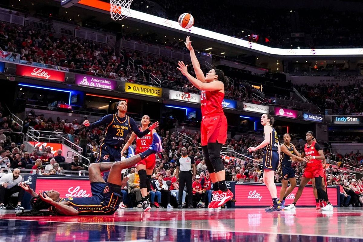 Atlanta Dream forward Brionna Jones (24) goes up for a basket Tuesday, May 20, 2025, during a game between the Indiana Fever and the Atlanta Dream at Gainbridge Fieldhouse in Indianapolis. The Atlanta Dream defeated the Indiana Fever, 91-90.