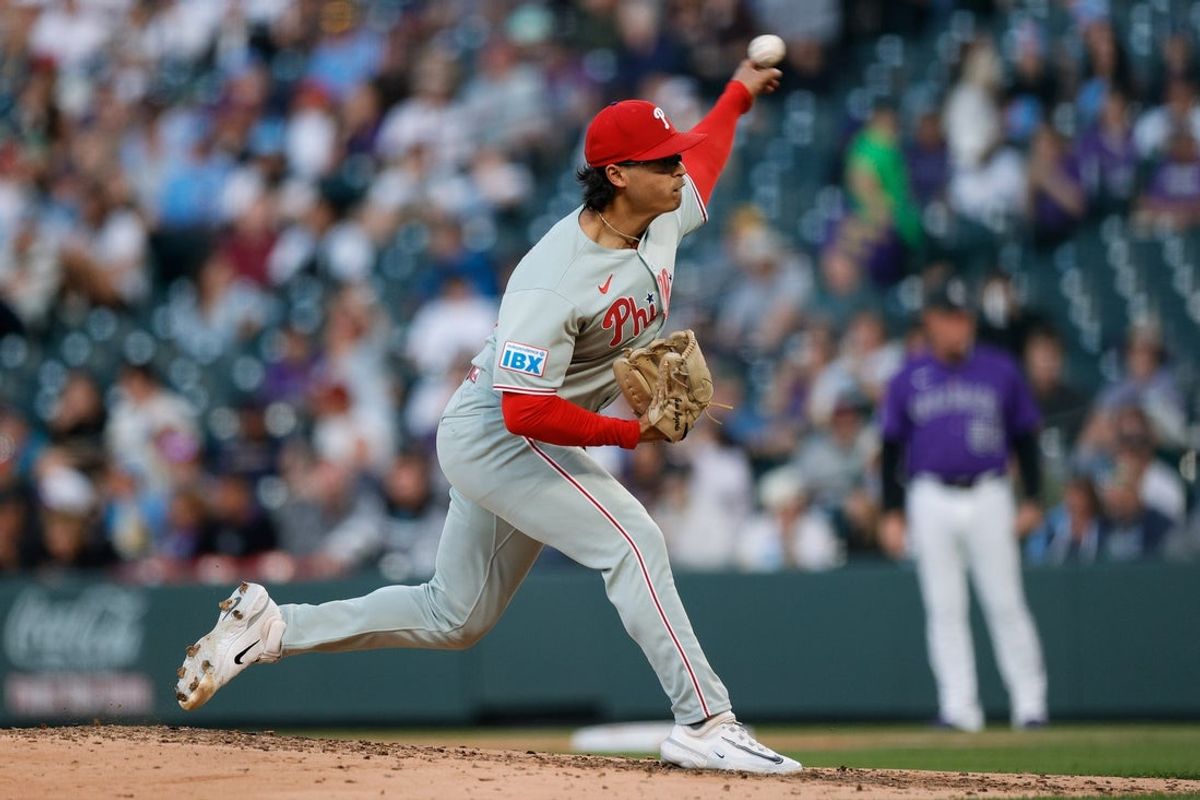 May 20, 2025; Denver, Colorado, USA; Philadelphia Phillies starting pitcher Jesus Luzardo (44) pitches in the fourth inning against the Colorado Rockies at Coors Field. Mandatory Credit: Isaiah J. Downing-Imagn Images