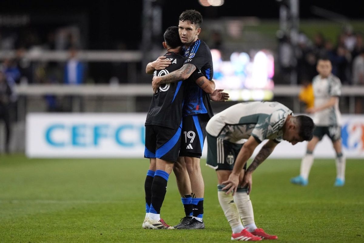 May 20, 2025; San Jose, California, USA; San Jose Earthquakes midfielder Cristian Espinoza (left) and forward Preston Judd (19) celebrate after defeating the Portland Timbers at PayPal Park. Mandatory Credit: Darren Yamashita-Imagn Images