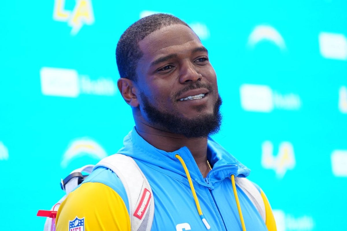 May 20, 2025; El Segundo, CA, USA; Los Angeles Chargers linebacker Denzel Perryman looks on at press conference during offseason workouts at The Bolt. Mandatory Credit: Kirby Lee-Imagn Images