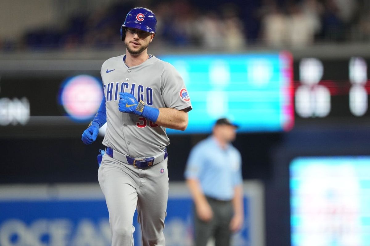 May 21, 2025; Miami, Florida, USA;  Chicago Cubs designated hitter Kyle Tucker (30) rounds the bases after a solo home run in the first inning against the Miami Marlins at loanDepot Park. Mandatory Credit: Jim Rassol-Imagn Images
