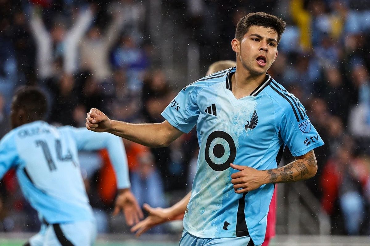 May 21, 2025; St. Paul, Minnesota, USA; Minnesota United defender Anthony Markanich (13) celebrates his goal against the St. Louis City during the second half of the US Open Cup-Round of 16 match at Allianz Field. Mandatory Credit: Matt Krohn-Imagn Images