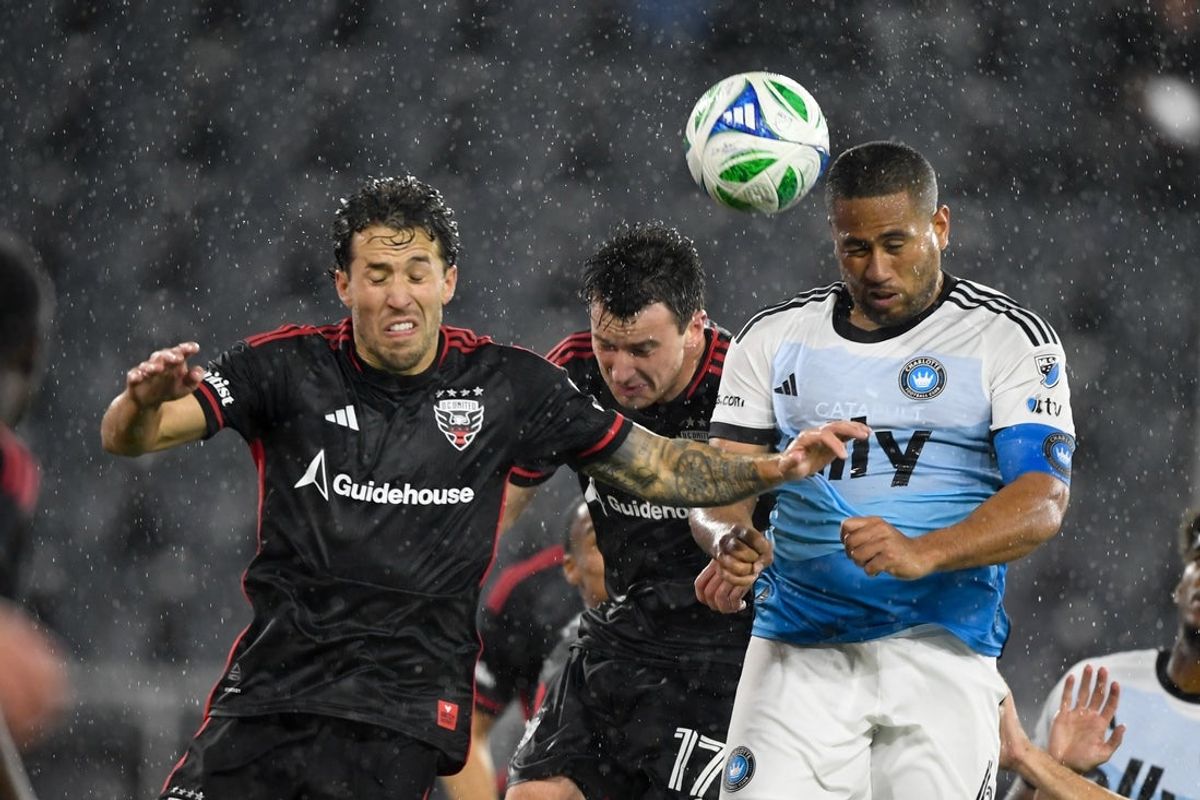 May 21, 2025; Washington, District of Columbia, USA; Charlotte FC defender Bill Tuiloma (6) heads the ball for a goal against D.C. United defender Aaron Herrera (22) and forward Jacob Murrell (17) during the second half of the game at Audi Field. Mandatory Credit: Hannah Foslien-Imagn Images