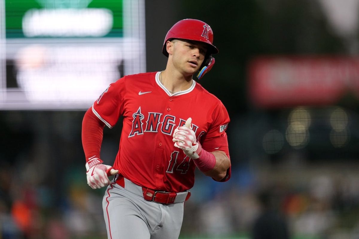May 21, 2025; West Sacramento, California, USA; Los Angeles Angels catcher Logan O'Hoppe (14) prepares to round third base after hitting a home run against the Athletics in the fourth inning at Sutter Health Park. Mandatory Credit: Cary Edmondson-Imagn Images