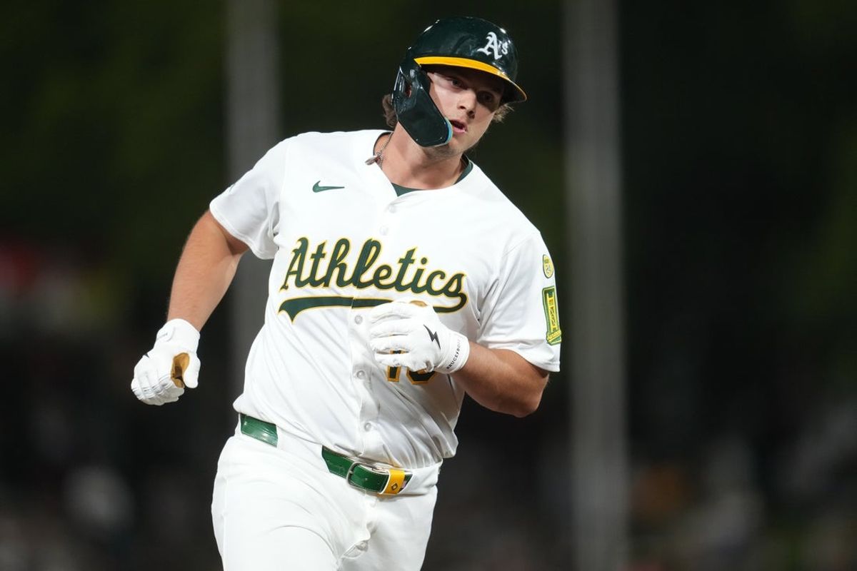 May 21, 2025; West Sacramento, California, USA; Athletics first baseman Nick Kurtz (16) rounds third bases after hitting a home run against the Los Angeles Angels in the seventh inning at Sutter Health Park. Mandatory Credit: Cary Edmondson-Imagn Images