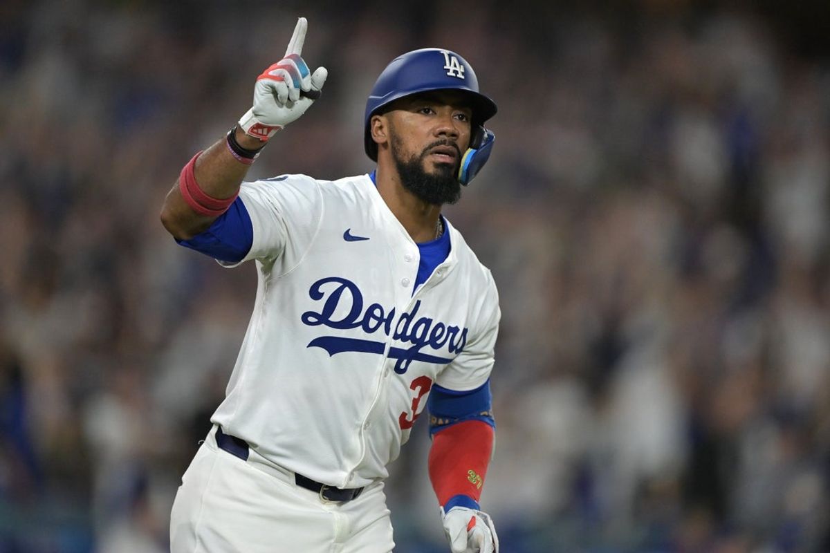 May 21, 2025; Los Angeles, California, USA;  Los Angeles Dodgers right fielder Teoscar Hernandez (37) reacts as he rounds the bases after hitting a three-run home run in the sixth inning against the Arizona Diamondbacks at Dodger Stadium. Mandatory Credit: Jayne Kamin-Oncea-Imagn Images
