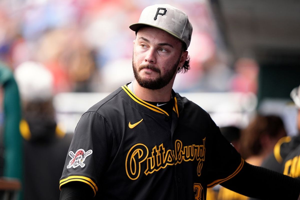 May 18, 2025; Philadelphia, Pennsylvania, USA; Pittsburgh Pirates starting pitcher Paul Skenes (30) looks on against the Philadelphia Phillies in the ninth inning at Citizens Bank Park. Mandatory Credit: Kyle Ross-Imagn Images