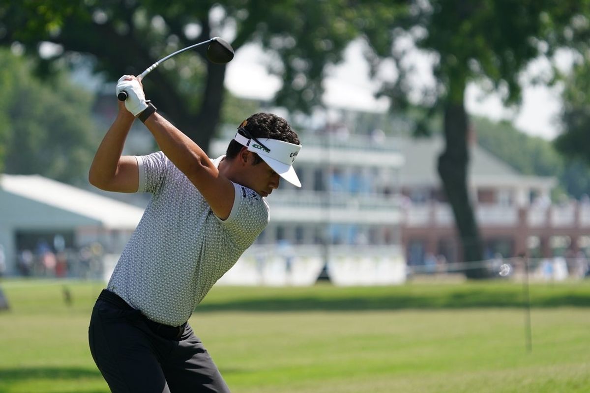 May 22, 2025; Fort Worth, Texas, USA; Isaiah Salinda plays his shot from the 18th tee during the first round of the Charles Schwab Challenge golf tournament. Mandatory Credit: Raymond Carlin III-Imagn Images