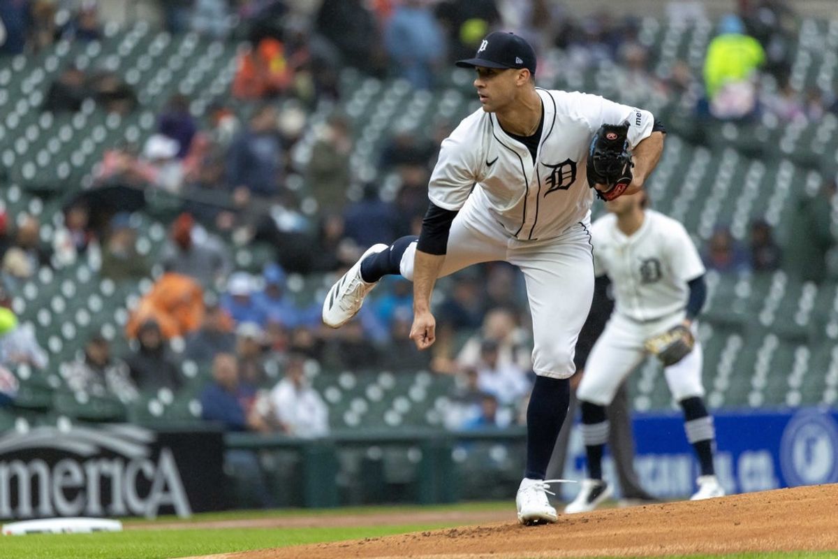 May 22, 2025; Detroit, Michigan, USA; Detroit Tigers pitcher Jack Flaherty (9) delivers in the first inning against the Cleveland Guardians at Comerica Park. Mandatory Credit: David Reginek-Imagn Images