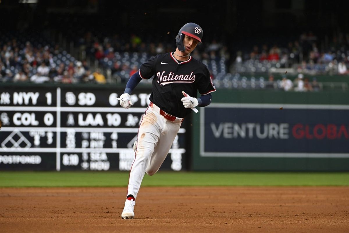 May 22, 2025; Washington, District of Columbia, USA; Washington Nationals outfielder Robert Hassell III (57) runs the bases against the Atlanta Braves during the second inning at Nationals Park. Mandatory Credit: Brad Mills-Imagn Images