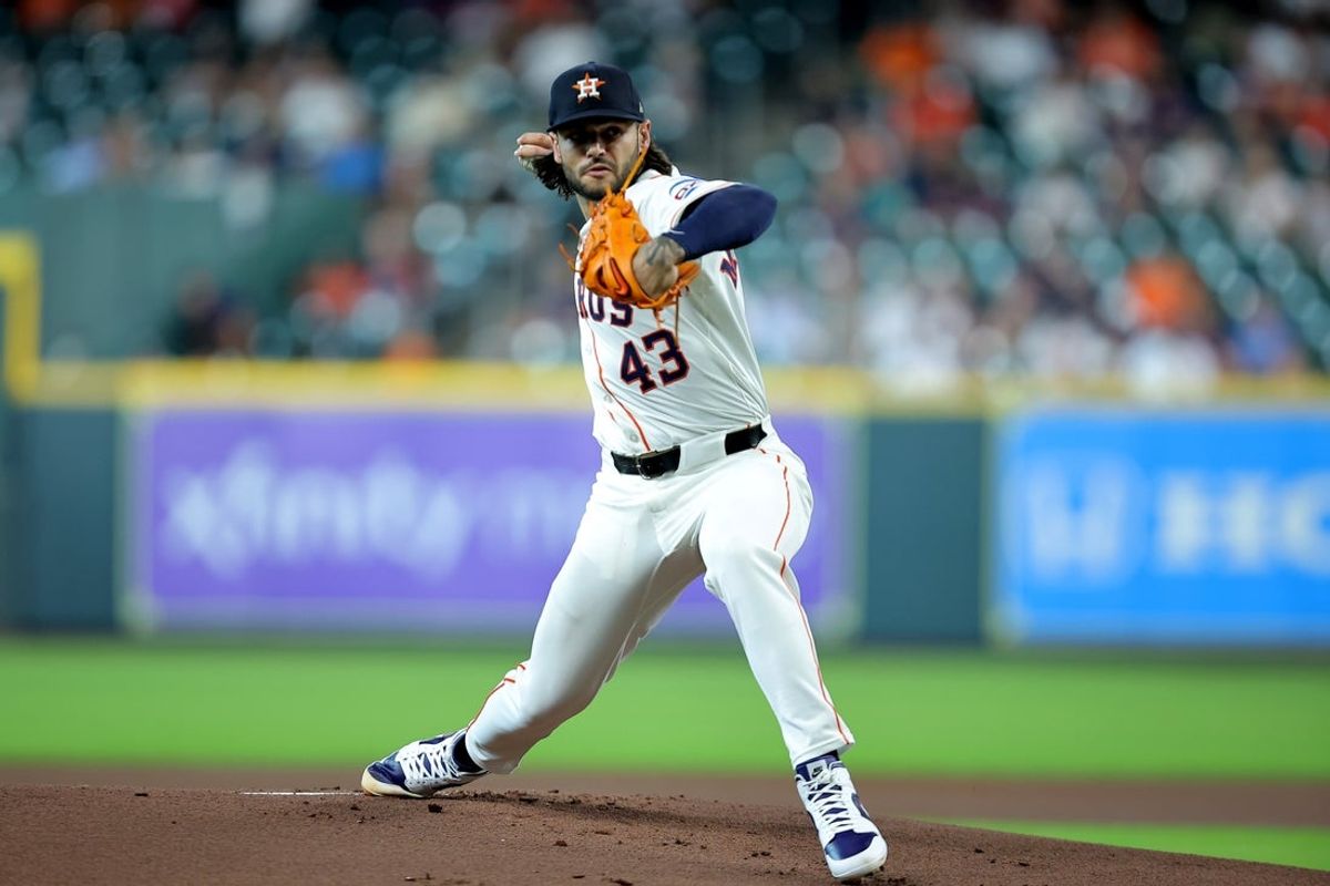 May 22, 2025; Houston, Texas, USA; Houston Astros starting pitcher Lance McCullers Jr. (43) delivers a pitch against the Seattle Mariners during the first inning at Daikin Park. Mandatory Credit: Erik Williams-Imagn Images