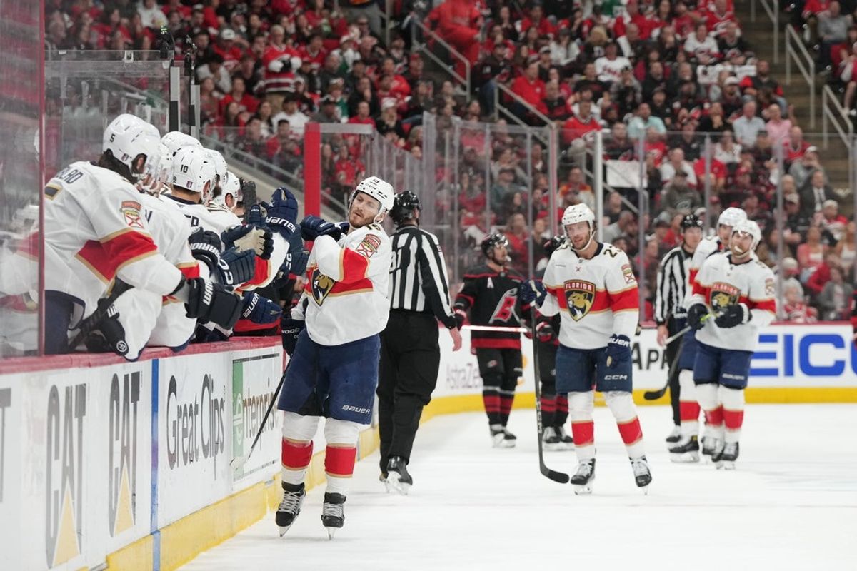 May 22, 2025; Raleigh, North Carolina, USA; Florida Panthers forward Matthew Tkachuk (19) celebrates scoring during the first period against the Carolina Hurricanes in game two of the Eastern Conference Final of the 2025 Stanley Cup Playoffs at Lenovo Center. Mandatory Credit: James Guillory-Imagn Images